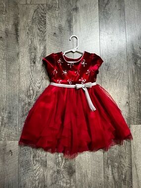 Red Velvet Bow Embroidered Party Dress with Silver Bows